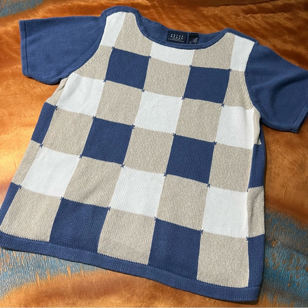Crazy Horse Liz Claiborne Checkerboard knit crewneck sweater XL Blue white patch